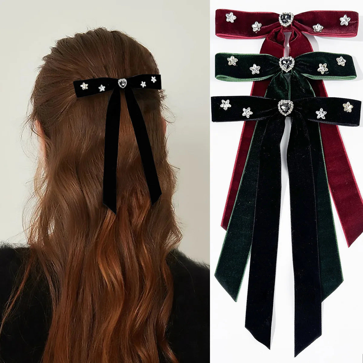 Women Trendy Ribbon Hair Barrette Heart Star Rhinestone Velvet Hair Bow Clip for Ponytail Holder Decoration