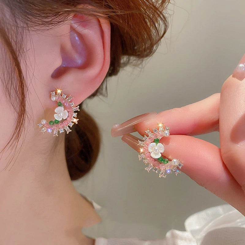 Silver Needle Inlaid Crystal Pearl Flower Light Luxury Elegant Versatile Forest Style Wholesale Flower Stud Earrings for Woma