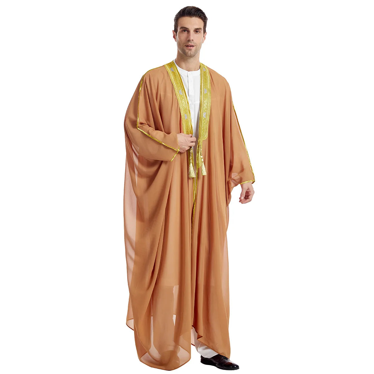 Pure Black White Tan Apricot Color Chiffon Lace Tassel Decoration Arabic Thobe or Jubba for Islamic Men