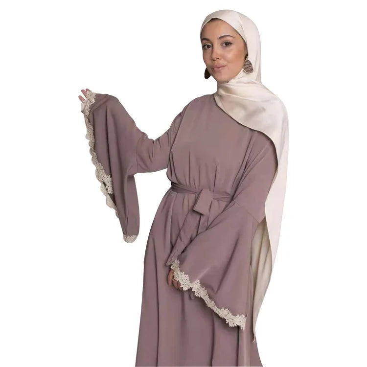 Plain Color Nida Fabric Big Sleeve Lace Cuff O Neck Belt Muslim Traditional Clothes Islamic Women Abaya Dress
