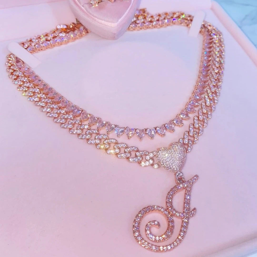 BlingAlphabet Gold Plated Initial Charm Pendant Necklace Cursive Letters Sparkling Cubic Zirconia Heart Engagement Party Unis