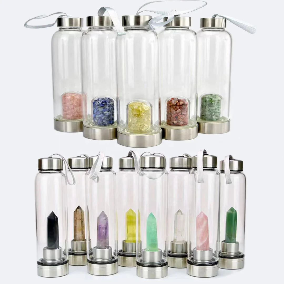 Wholesale Natural Gemstone Drink Healing Stones Crystal Point Infused Elixir Glass Crystal Water Bottle