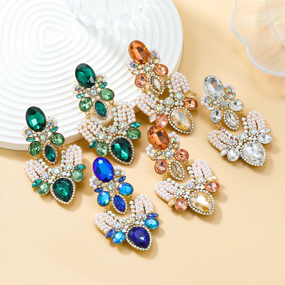 Exaggerated Pearl Diamond Chandelier Earrings Trendy Colorful Rhinestone Geometric Bohemian Earrings Jewelry