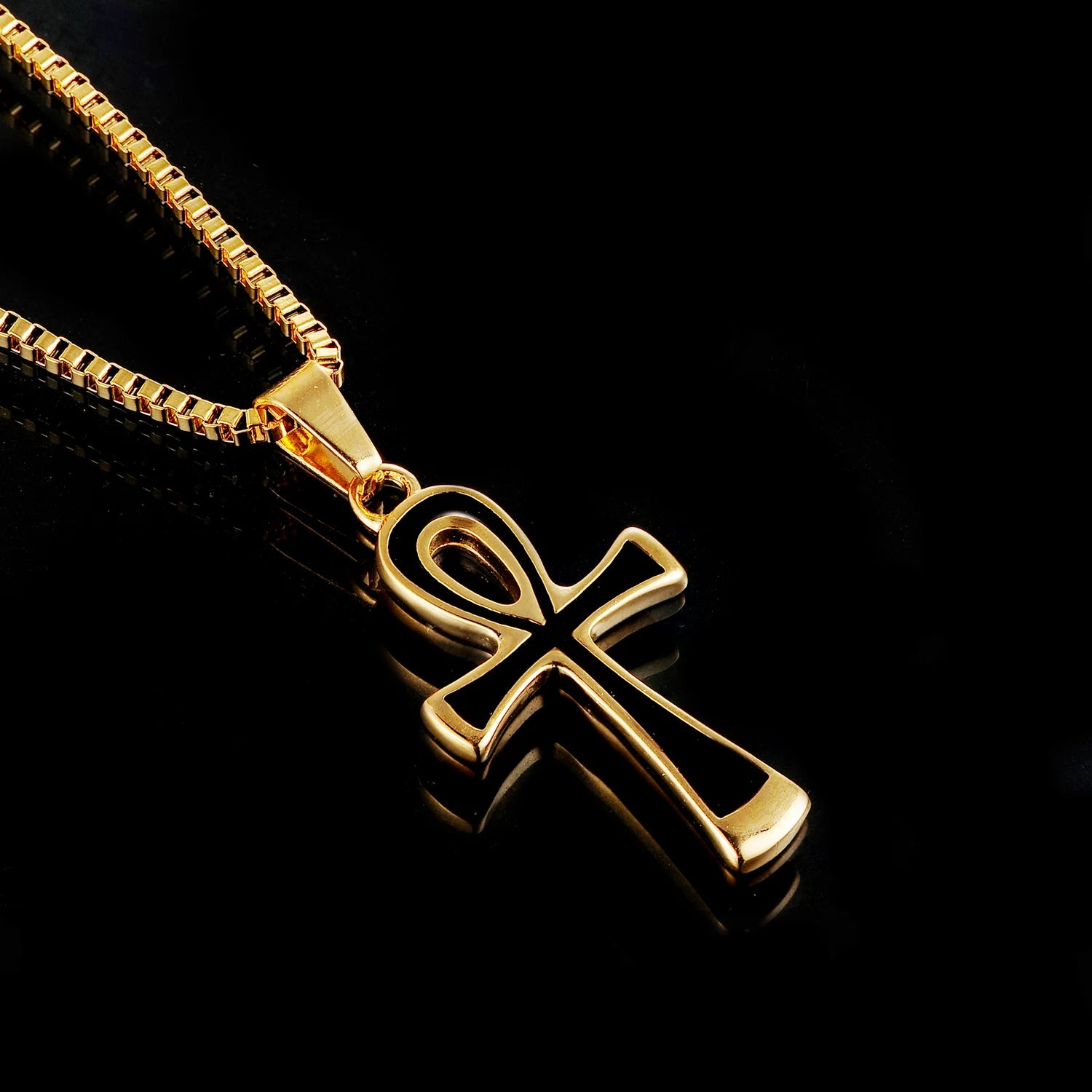 18k Gold Plated Ankh Cross Pendant Men's Stainless Steel Black with Box Chain Hop Charm