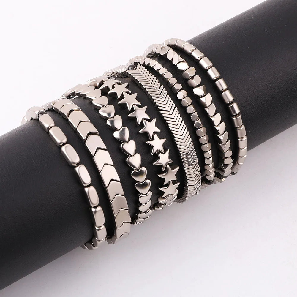 New Color Matte Champagne Gold Plating Hematite Bracelet Women Elastic Beads Bracelet JBS12640