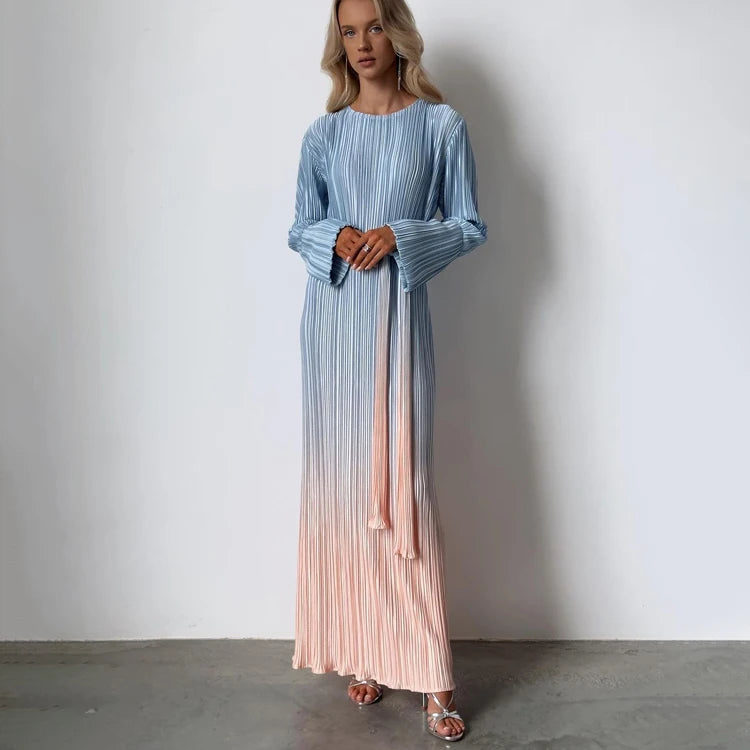 Spring 2024 Female Women's Clothing Dresses Women Lady Elegant Modest Long Sleeve Lace up Pleated Casual Maxi Gradient Dress