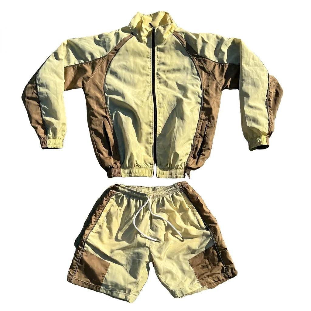 Custom Unisex Plus Size Two Tone Winter Windbreaker Short Set Breathable Streetwear OEM Tracksuit Jacket Shorts 100% Cotton High