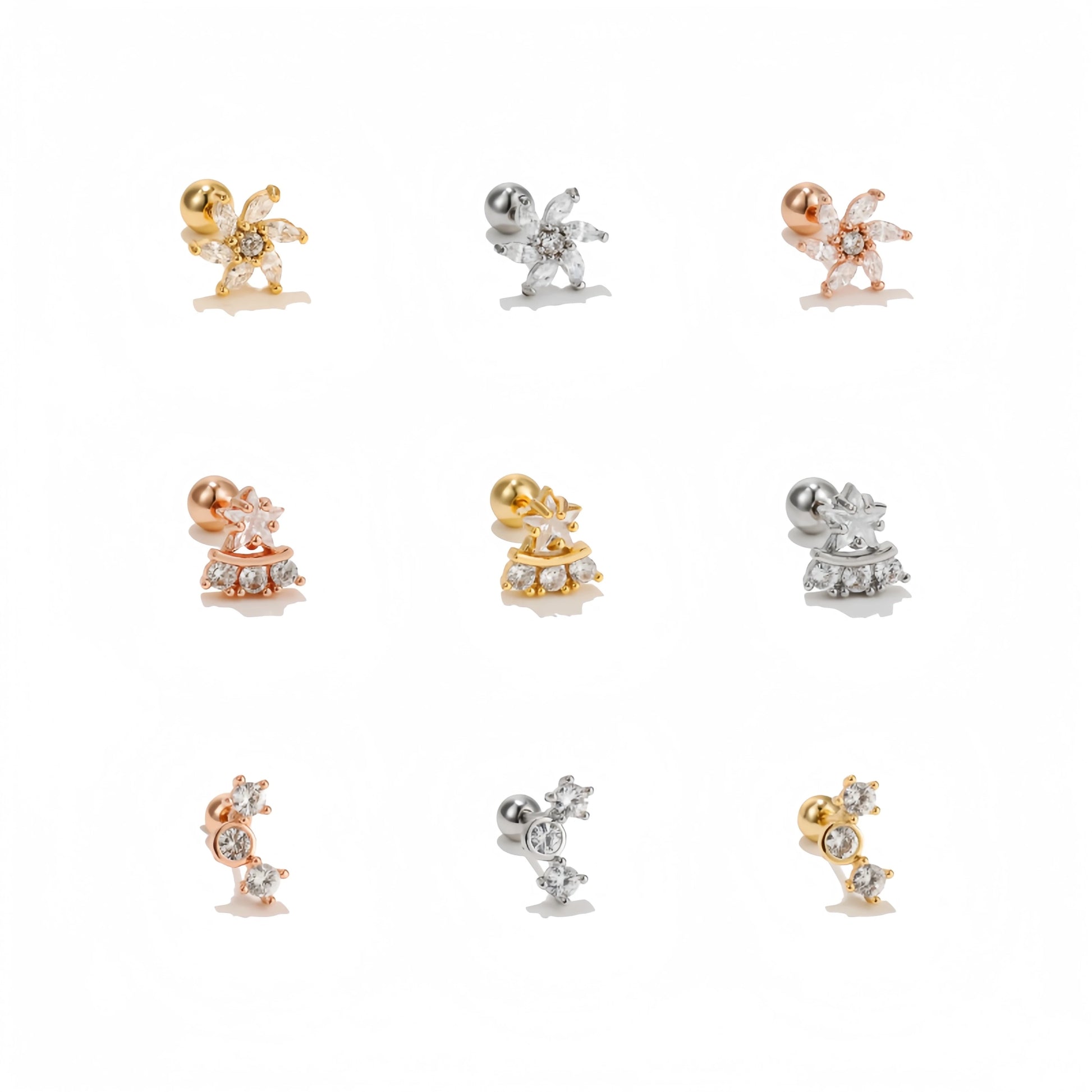New Trend Small Creative Piercing Accessories Hot Fashion Geometric Stud Earrings Flower Star Metal Zircon Earrings for Women