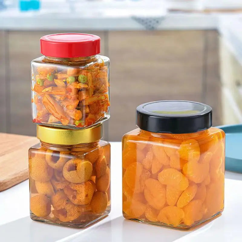 Square Food Grade Honey Chili  Glass Jar  Sauce Glass Bottle Kitchen Storage Container for Jam Pickles