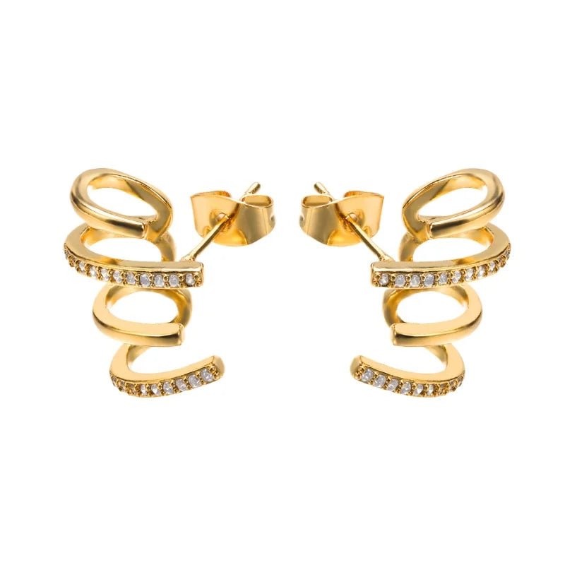 Unique Simple Women  Non Tarnish Zirconia Earrings Female Stainless Steel Gold Spiral Earrings Fashion Jewelry Stud Earrings