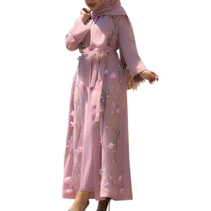 Embroidery Flower Decoration With Lace Plain Black pink Blue Color Islamic Eid Abaya Women Muslim Robe