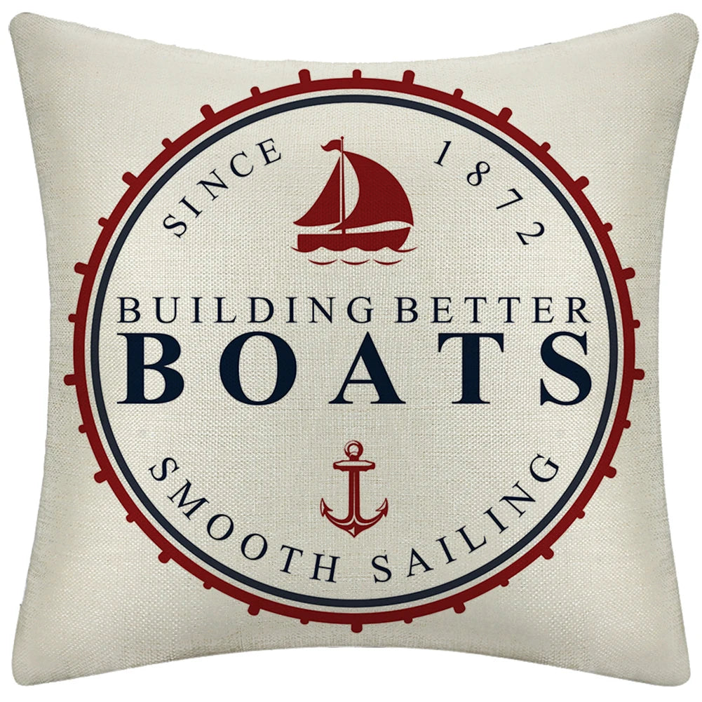 Mediterranean Marine Linen Cushion Cover Throw Pillow Case with Compass Design for Home & Hotel Sofa/Couch Decor