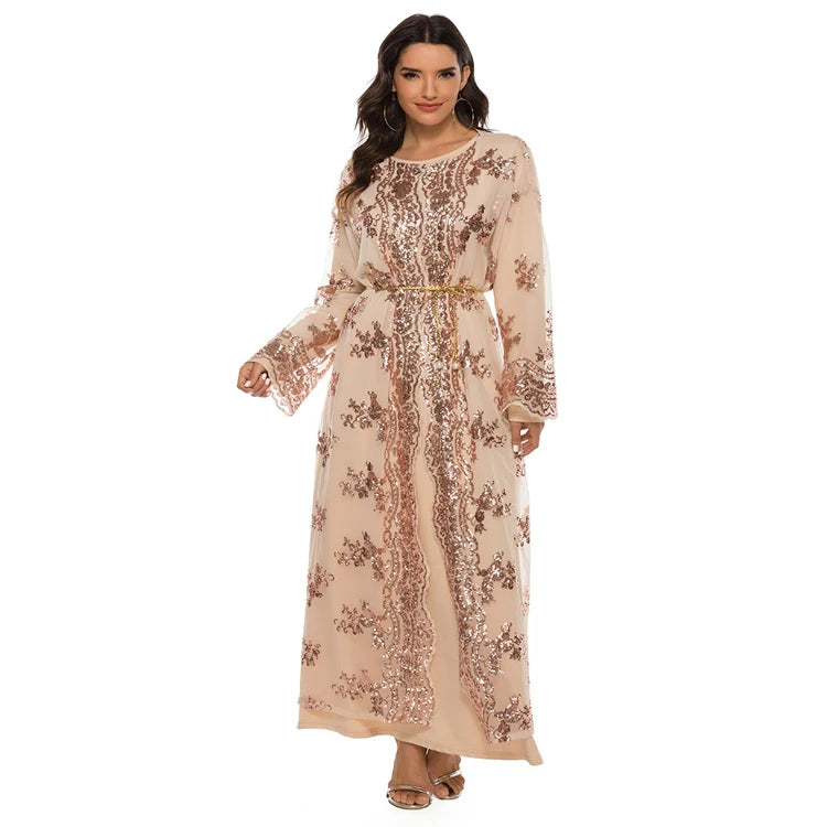 Glitter Embroidery Lace Fabric Muslim Travel Clothing Ramadan Shiny Glitter Abaya With Belt