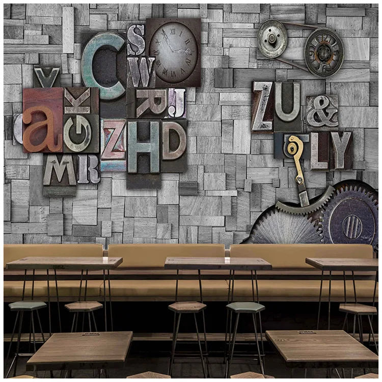 Retro English Alphabet Wallpaper Clothing Store Ktv Clear Bar Nostalgic Industrial Style Wood Panel Wallpaper Decorative Mura