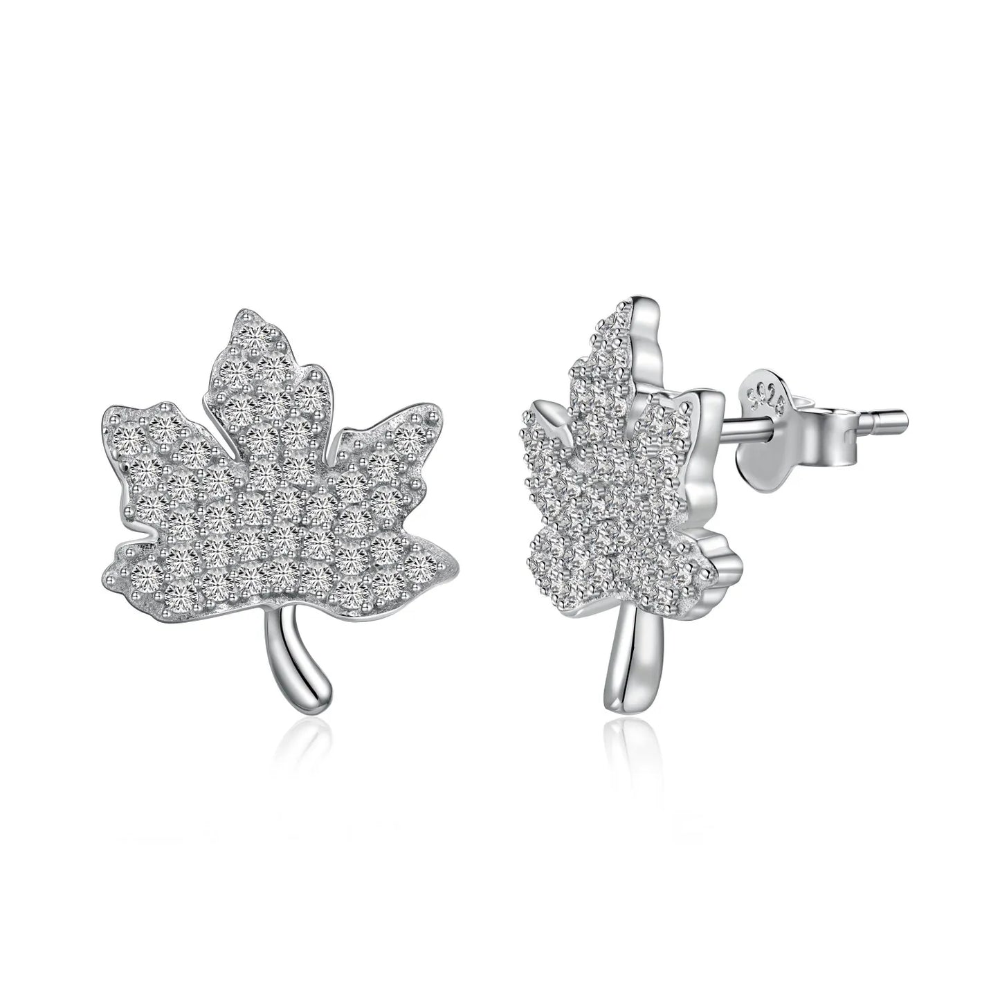 Dylam New Arrival Sterling Silver Hypoallergenic Non Tarnish Rhodium Plated 5A Zirconia French Maple Leaf Shape Stud Earrings