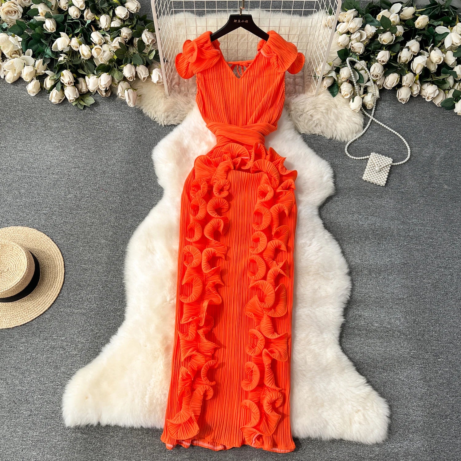 Elegant Women's Eco-Friendly Pleated Midi Dress Empire 3D Ruffled Lace Vestidos in Red Woven Washable with Draped Decoration