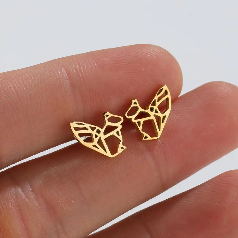 Minimalist Waterproof Gold Plated Stainless Steel Animal Earrings Fashion Hollow Origami Cute Squirrel Stud Earrings for Wome