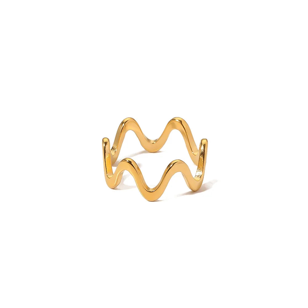 Delicate Stainless Steel Women's Ring 18K Gold Plated Ripple Stacking Wave Weave Tarnish-Free Trendy Fashion Jewelry