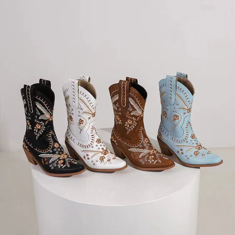 Support Custom  logo Outdoor Women Casual Shoes Chunky Wood Heel Leather Wide Calf Cowboy Luxury Cow Boy Boots for Women