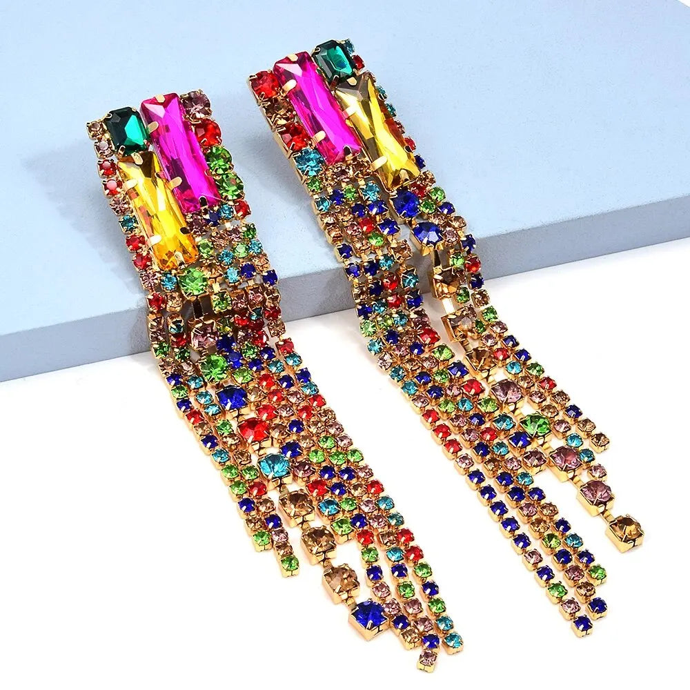 2023 Fashion Jewelry Boho Statement Earrings for Women Rhinestone Colorful Earrings Crystal Long Tassel Drop Earrings Jewelry