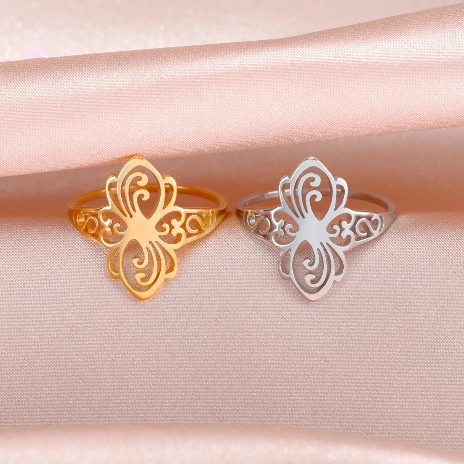 Filigree Butterfly Flower Rings Vintage Aesthetic Finger Ring Stainless Steel Jewelry Party Gift for Women