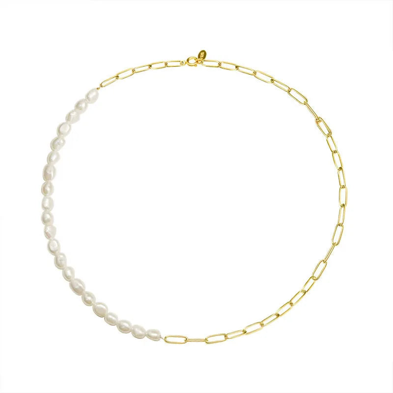 New Charm Stainless Steel Gold Plated Freshwater Pearl Beads Chain Choker Adjustable Women's Necklace Geometric Trendy Design