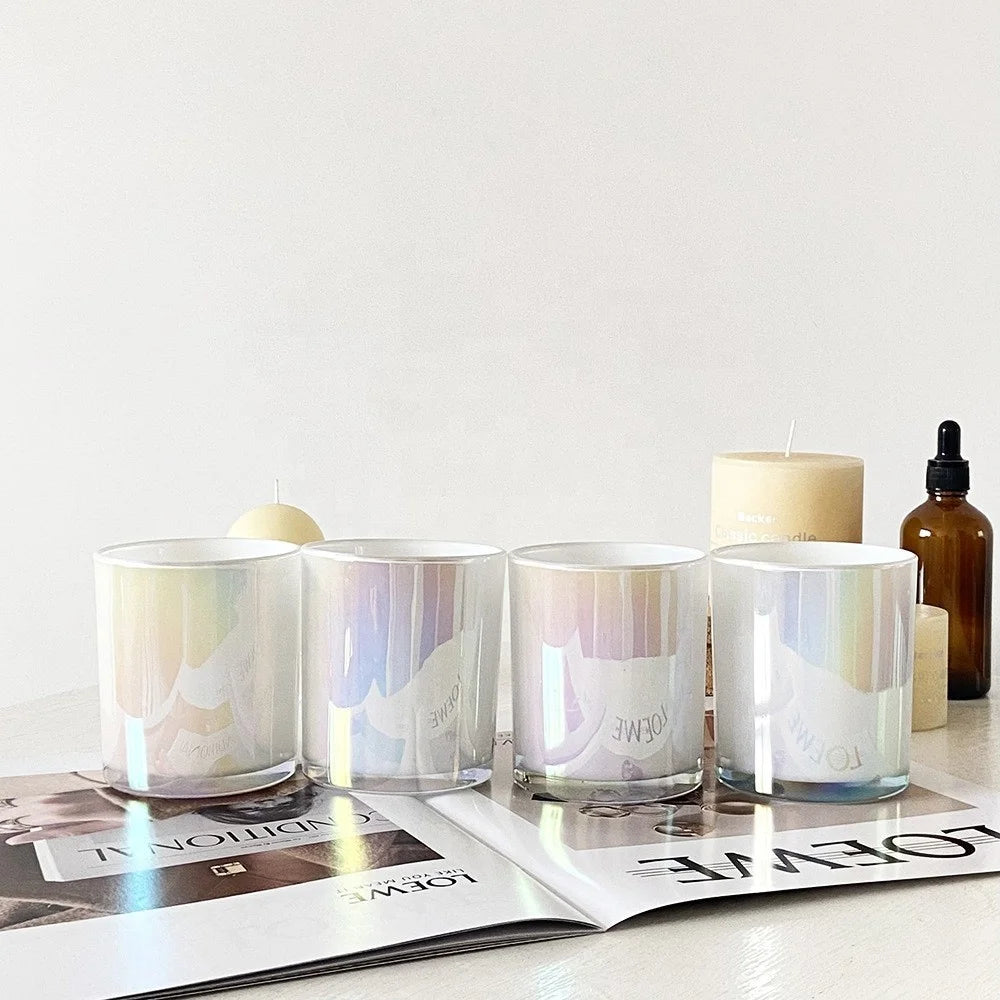 180ml 300ml 10oz Luxury Custom White Empty Candle Jar Holographic Glass Iridescent Candle Jars Hot Sale Candle Jar Aura Vesse