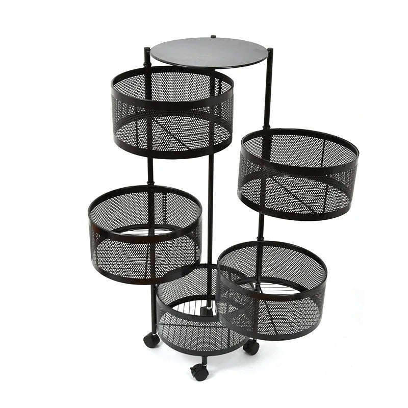 Metal Rolling Wheels Kitchenware Multi-layer Removable Basket Shelf Organizer Rotating Storage Shelves Rack with 5-tier Folda
