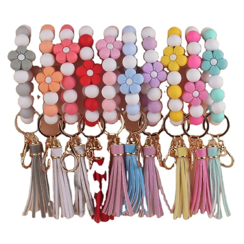 Flower Silicone Bead Keychain Daisy Design Lightweight Durable Eco-Friendly Colorful Tassel Customizable Car Key Ring Holder