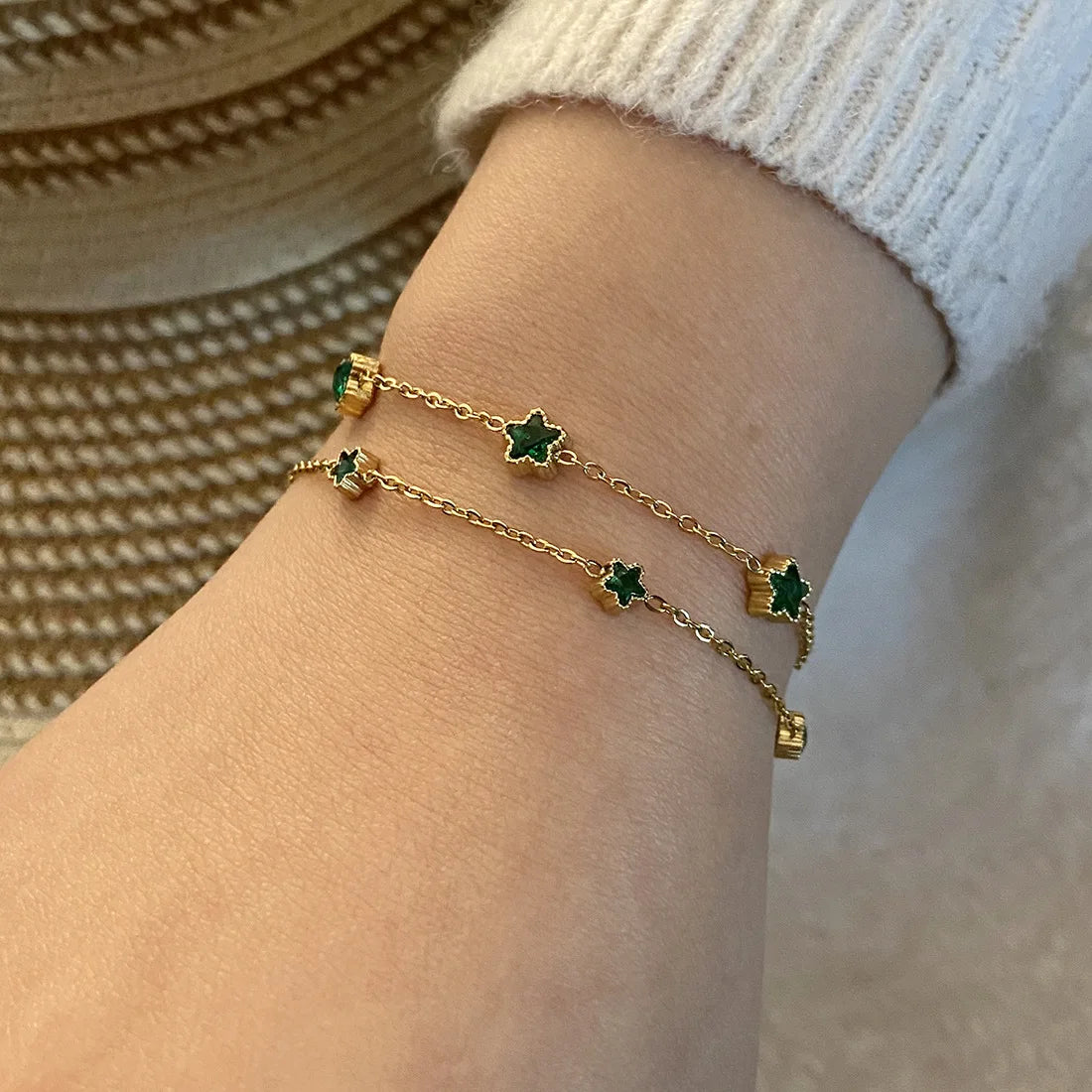 Vintage Green and Gold Jewelry Heart Star Cuff Bracelet Stainless Steel Charm Bracelet for Women