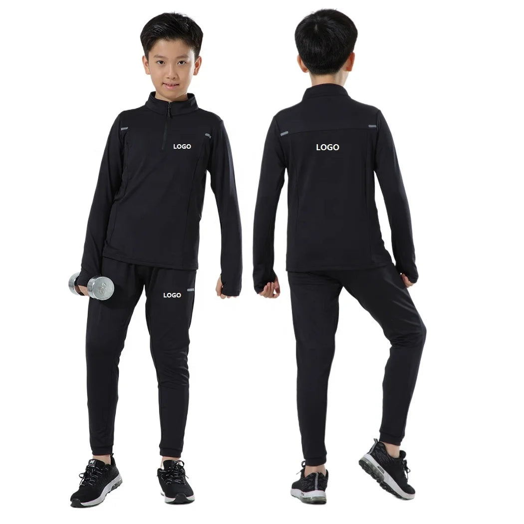 Tracksuit Youth Size Custom Logo 90% Polyester 10% Spandex 2PCS in Set Running Jogging Suit Fitness Clothing Training Wear