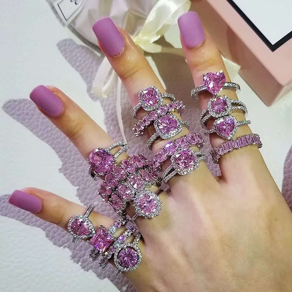 40 Models Sparkling CZ Diamond Stackable Ring Emerald Round Square Teardrop Oval Zircon Heart Princess Cut Pink Moissanite Ri