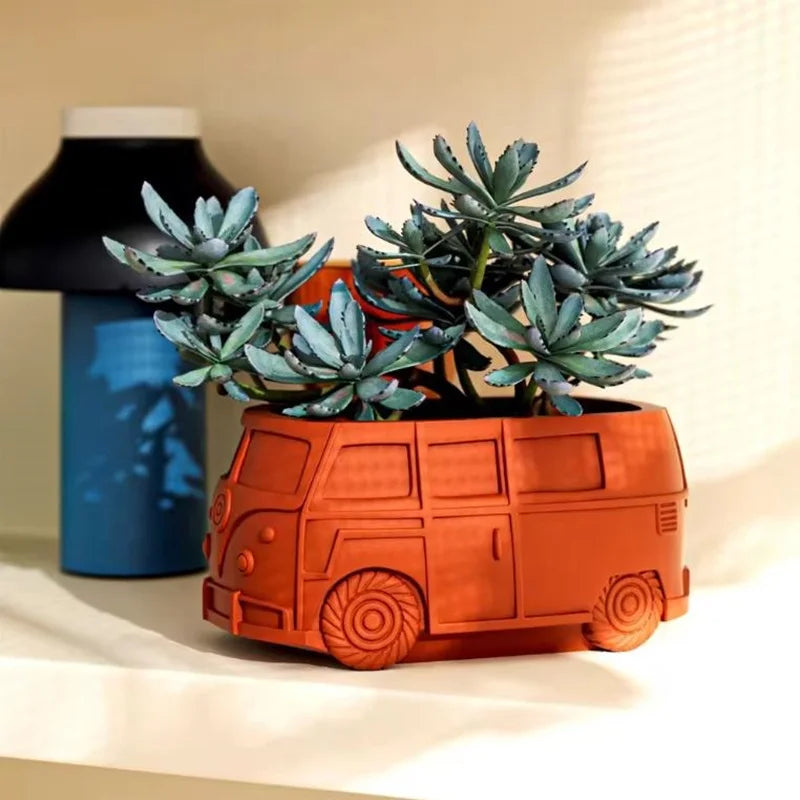 Early Riser 3D Vintage Bus Car Flower Pot Silicone Mould for Concrete DIY Juicy Flower Pot Cement Vase Silicone Mould