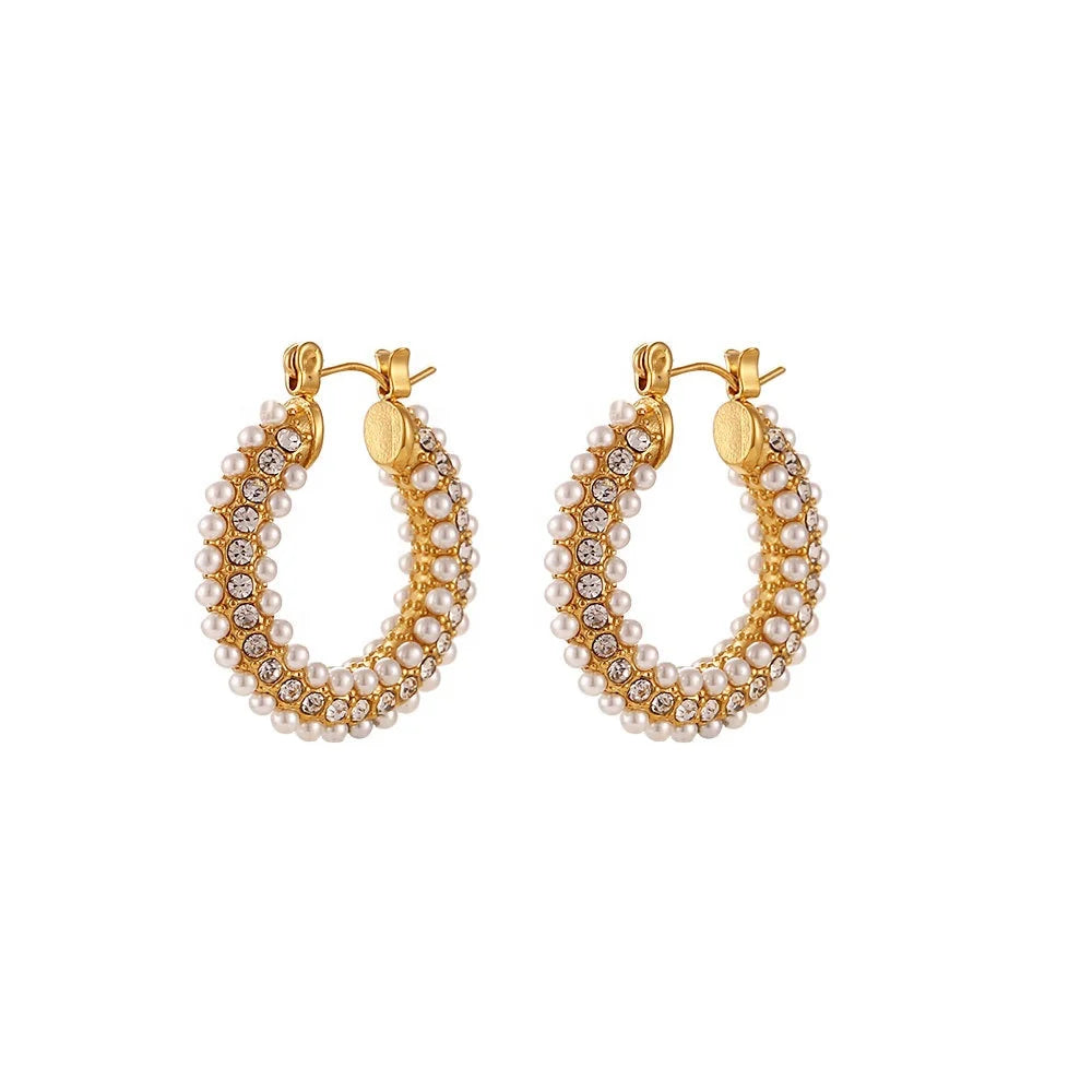 Vintage Stainless Steel Women Fine Jewelry Oversize Hoops Chunky Gold Hoops Statement 18k Gold Plated Pearl Hoop Earring