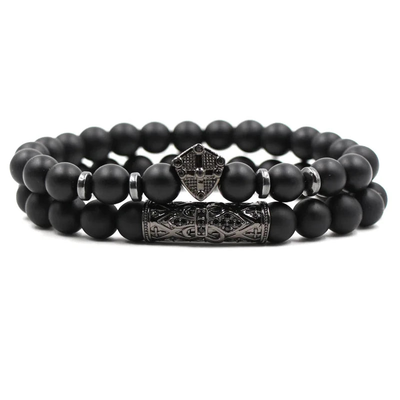 Hot Selling Black Frosted Stone Shield Fashionable Micro Inlay Set on Curved Pipe Bracelet Direct Sales From Manufacturer
