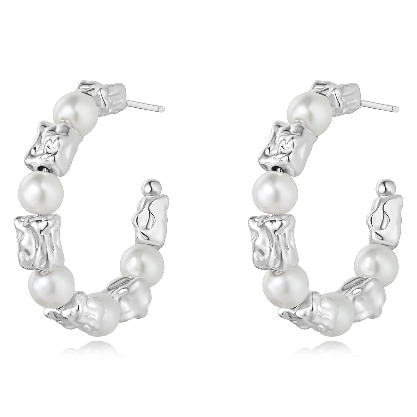 2025 New Brass Electroplated Silver Irregular Metal Beads Pearl Hoop Earrings for Women Jewelry Wholesale
