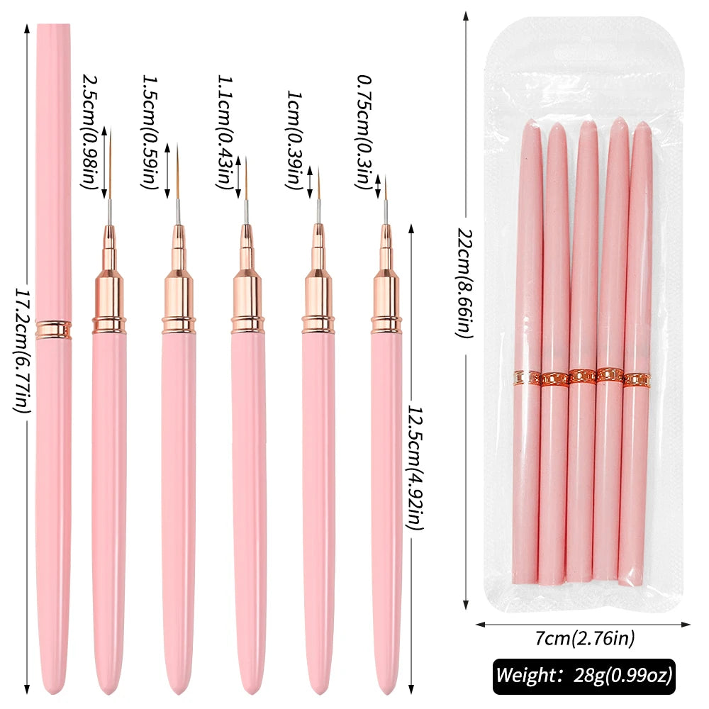 5pcs 7/9/11/15/25mm Nail Liner Brush Set UV Gel Nail Brushes Kits French Stripe Line Painting Drawing Flower Pen Manicure Too