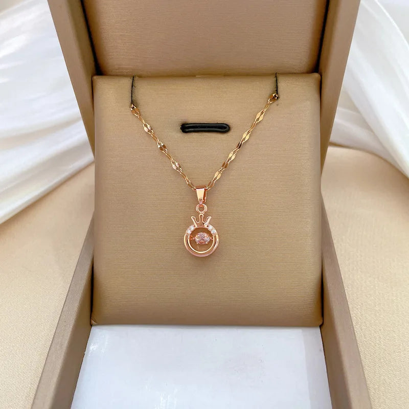Light Luxury Titanium Steel Crown Shape Gorgeous Diamond Necklace for Women Collar Chain Stainless Steel Jewelry Charm