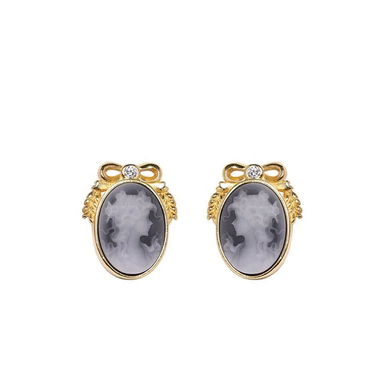 Heizun New Design Bowknot Carved Lady Portrait Cameo Gemstone Stone Vintage S925 Sterling Silver Jewelry Earrings for Girl