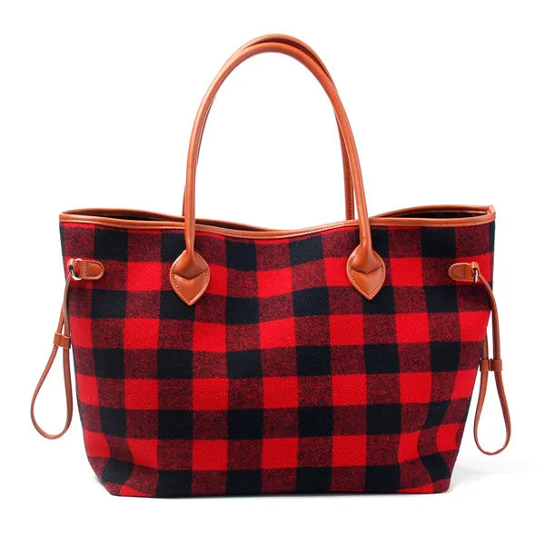 Classic Red Buffalo Plaid Tote Bag Checked Women Casual Bag Christmas Endless String Tote Weekender Shoulder Bag DOM377