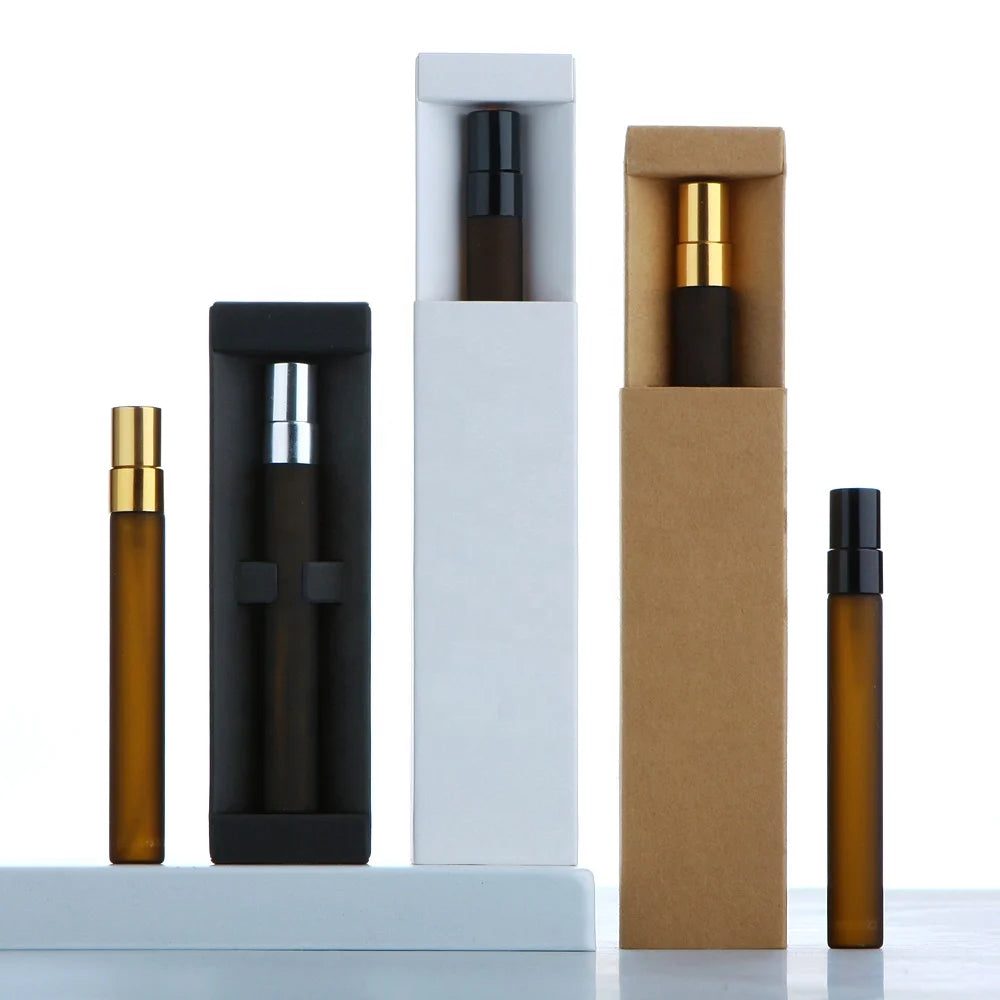 SUMEEAR 10ml Frost Amber Glass Perfume Vial with Spray Cap Refillable Atomizer in Paper Box for Fragrance Sample Testing