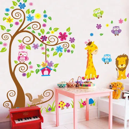 Wholesale Cartoon Animal Paradise Children's Room Kindergarten Decoration Cute Owl Flower Tree PVC Wall Stickers Die Cutting