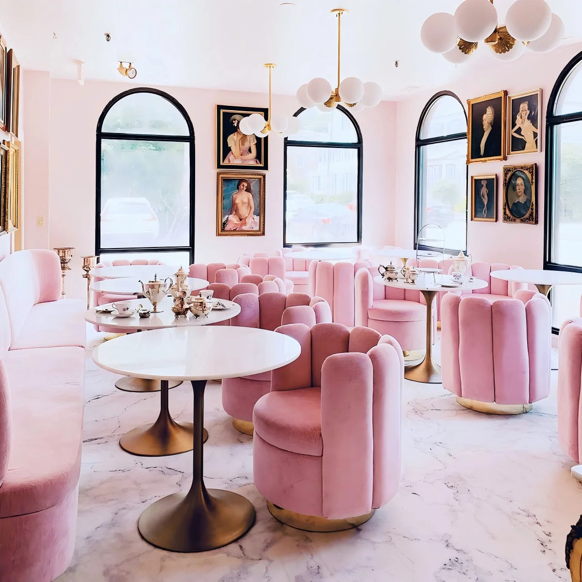 Wholesale Project Restaurant Interior Design Furniture Velvet Lounge Leisure Sofa Chair pink Restaurant Dining Table and Chai