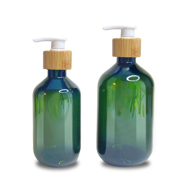 Factory 200ml Luxury Green PET Biodegradable Shampoo Lotion Bottle Bamboo Pump Sprayer Lid Screen Printed for Shower Gel Hair