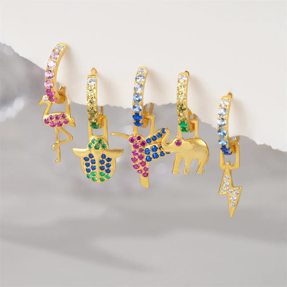 Fashion Jewelry 925 Sterling Silver Animal Colorful Zircon Turtle Elephant Snake Bird Heart lightning Gold Plated Hoop Earrin