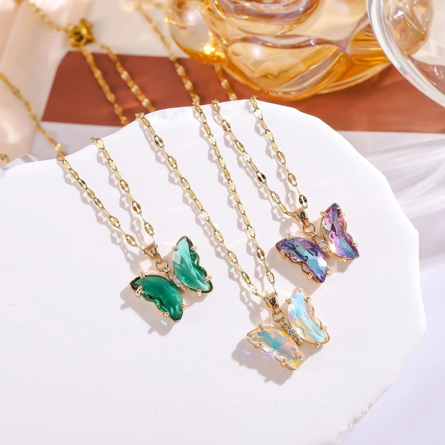 22 Gradient Color 18k Gold Butterfly Women Necklace Stainless Steel Green Purple White Zircon Butterfly Necklace