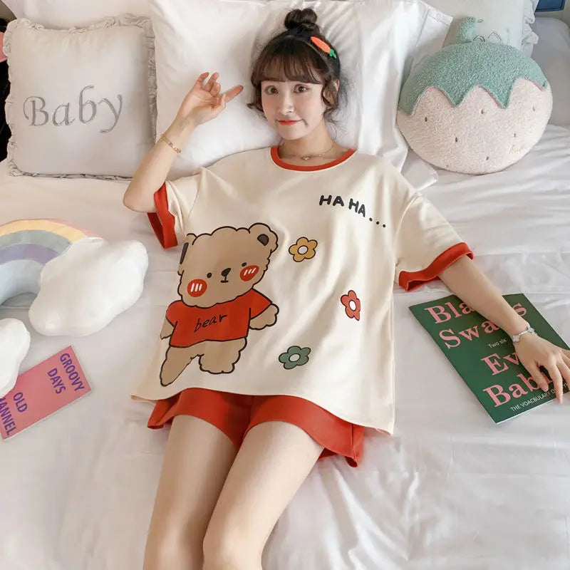 2024 New Designs Pajama Women's Summer Cartoon Cute Short Sleeved Set Pajama Women's Casual Home Wear Clothes Set