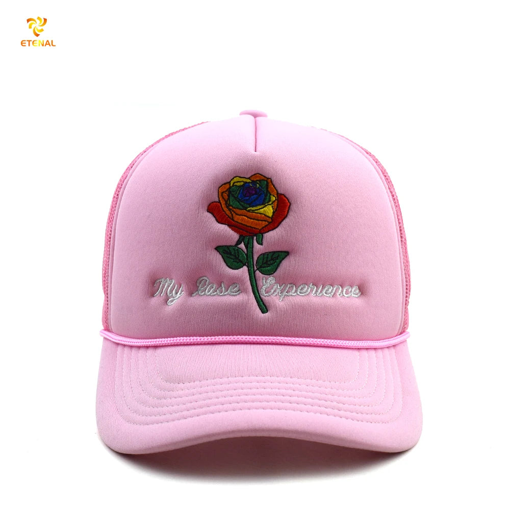 OEM Custom Your Own Logo Trucker Cap Pink 5 Panel Mesh Embroidered Patch Bulk Embroidery Trucker Hat