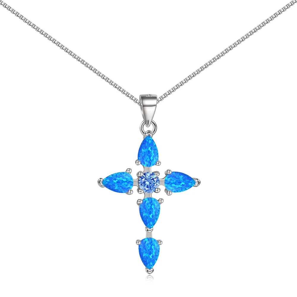 Dylam Cz Zirconia Blue Fire Opal Cross Pendant Necklaces for Women S925 Silver Lucky Long Chain 18K Gold Plated Necklace Fema