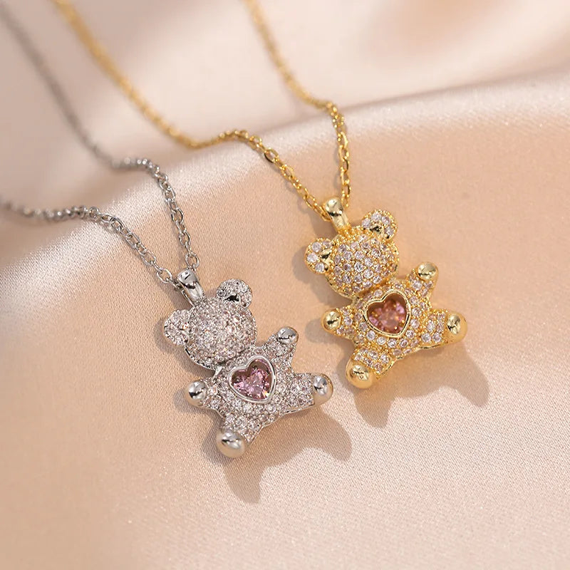 Cute Bear Necklace Hug Bear pink Micro-inlaid Zircon Simple Adjustable Collarbone Chain